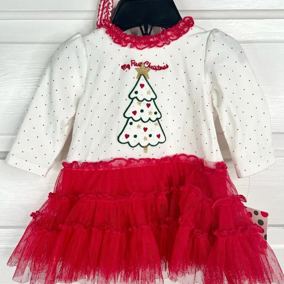 Little Me Baby Girls Red Sparkle Tree Dress Set Leggings Headband Sz 3 mo - Picture 3 of 9